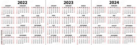 Calendar For 2022 2023 And 2024 Years In English In Simple Style On A