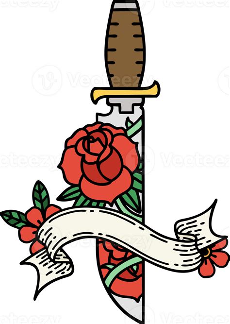 Traditional Tattoo With Banner Of A Dagger And Flowers 45239964 Png