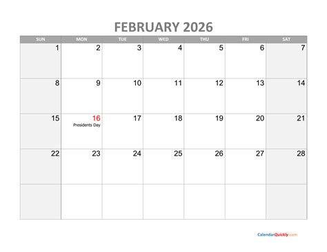 February Calendar 2026 with Holidays | Calendar Quickly