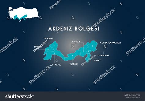 Turkey Mediterranean Region Map Turkish Turkiyenin Stock Vector