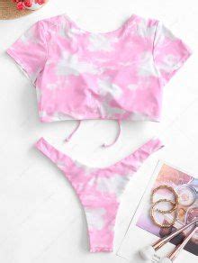 OFF Emma MacDonald X ZAFUL Tie Dye Cinched High Leg Short Sleeve Bikini Swimwear In