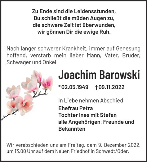 Traueranzeigen von Joachim Barowski Märkische Onlinezeitung Trauerportal