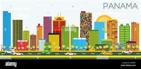 Panama Skyline With Color Buildings And Blue Sky Vector Illustration