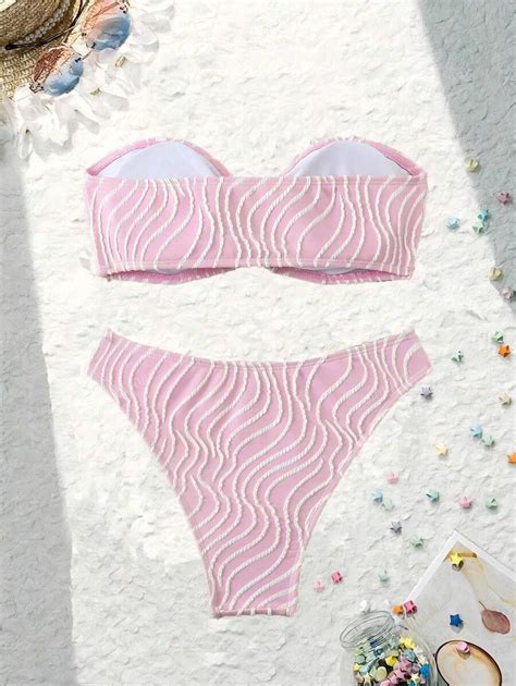 Conjunto de Maiô Bikini Sexy de 2 Peças Bandeau e Padrão Ondulado