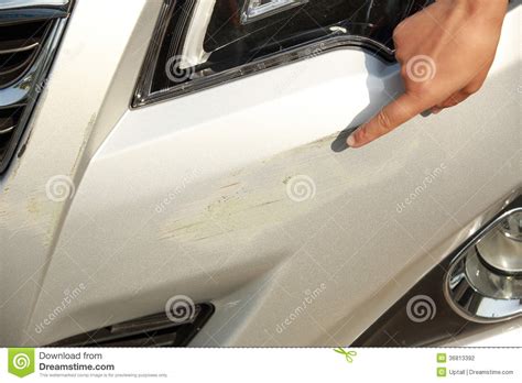 Hand Point At Scratches On Car Stock Photo Image Of Garage Body