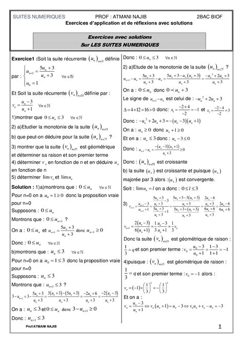 Suites Numériques Corrigé Série Dexercices 2 Alloschool