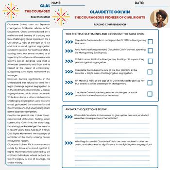 Claudette Colvin Biography Reading Comprehension For Black History Month