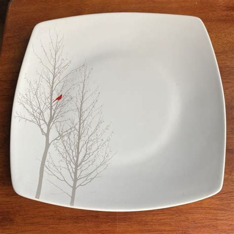 222 Fifth Winter Cardinal Square Dinner Plate Red Bird Tree White