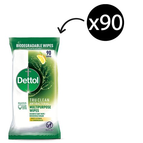 Dettol Tru Clean Antibacterial Biodegradable Wipes Zesty Citrus And Lemongrass Pack 90 Winc