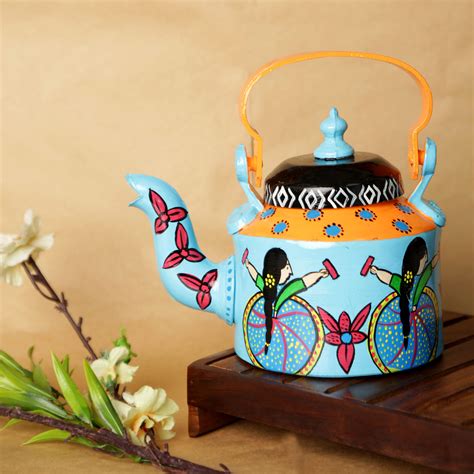 INDHA Tribal Art Aluminium Handpainted Table Top Tea Kettle