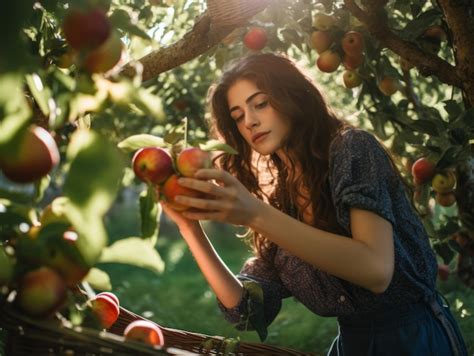 Premium AI Image A Woman Picking Apples From An Apple Tree