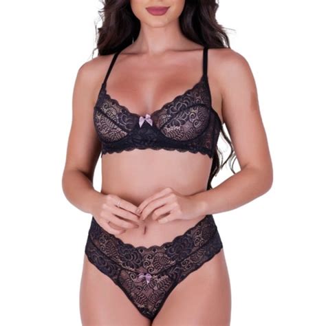 Conjunto Lingerie Sem Bojo Aro Calcinha Tanga Fio De Renda Langerie