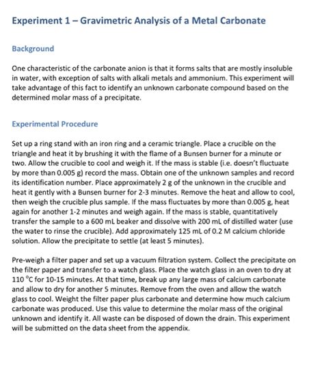 Solved Experiment 1 Gravimetric Analysis Of A Metal Chegg