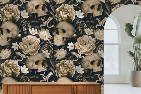 Skull Wallpaper Peel And Stick Dark Botanical Wallpaper With Etsy