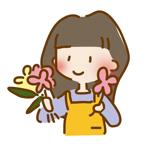 ゆるくて可愛い女性のお花屋さんの無料フリーイラスト かわいい手描きの無料素材「てがきっず」保育園・小学校・介護施設にぴったりのフリー