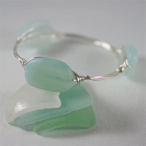 Aqua Sea Glass Wire Wrapped Bangle Bracelet Everything Turquoise