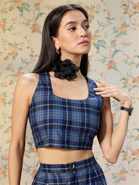 Buy Virgio Checked Square Neck Sleeveless Cotton Crop Styled Back Top