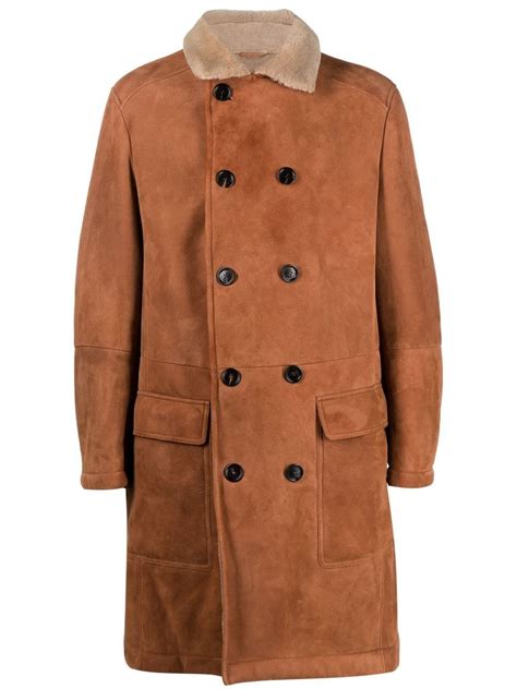 Brunello Cucinelli Double Breasted Shearling Coat In Brown Modesens