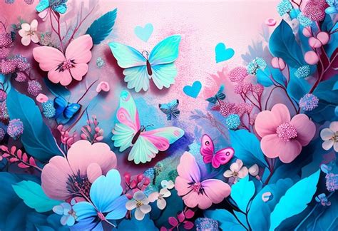 Painted Spring Background In Pastel Bluepink Flowers With Butterflies