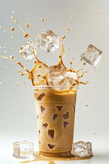 Ice Cubes Dropped Into Iced Latte Commercial Shot Plastic Cup White