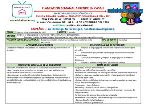 Planeación Del Quinto Grado De Primaria De La Semana 10 Del 31 De Octubre Al 04 De Noviembre Del