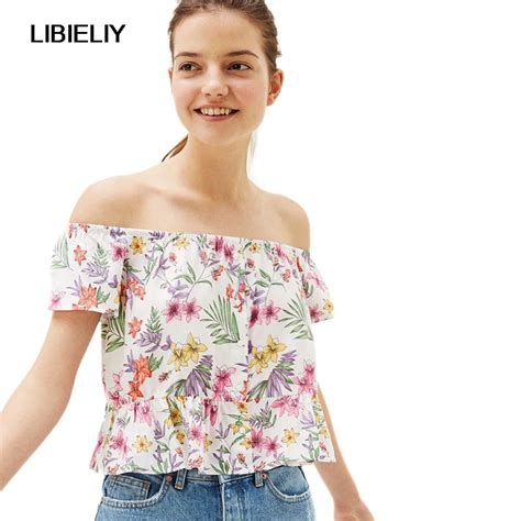 De Hombro Floral Impreso Blusa Corta Mujeres Lindo Verano Moda Volantes