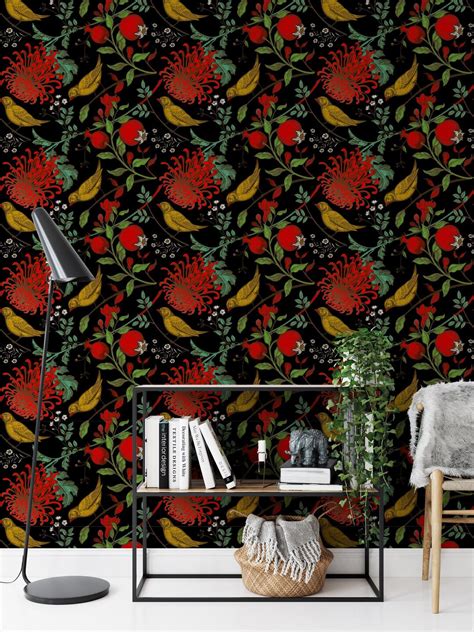 Red Victorian Bold Floral Wallpaper Birds and Flower Removable ...