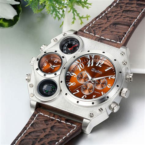 Men Army Sports Fashion Two Time Zones Big Dial Leather Strap Quartz