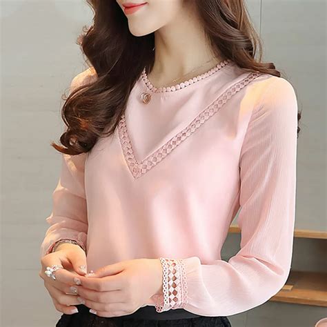 Fashion Women Blouses 2018 Long Sleeve Pink Chiffon Women Blouse Shirt