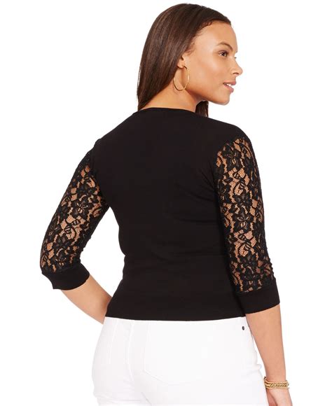 Lauren By Ralph Lauren Plus Size Lace Sleeve Cardigan In Black Lyst