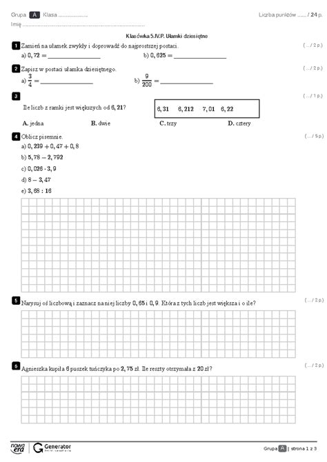 Klasówka 5ivp Ułamki Dziesiętne Test Z Widoczną Punktacją Grupa