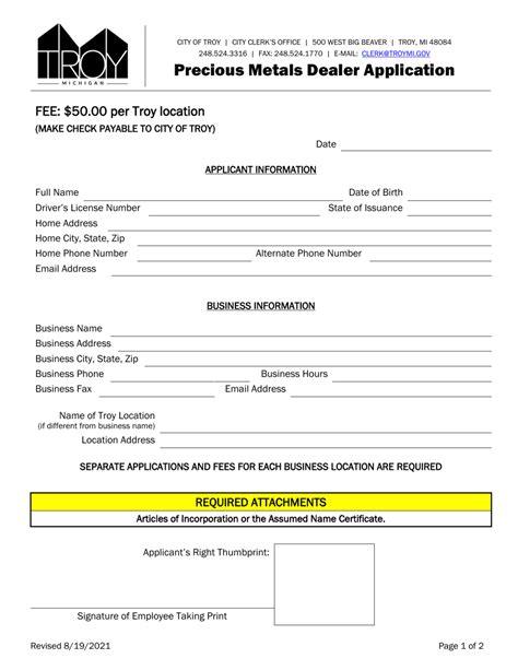 City Of Troy Michigan Precious Metals Dealer Application Fill Out