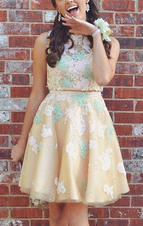 Macloth Two Piece Lace Tulle Prom Homecoming Dress Mini Cocktail Party