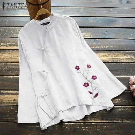 Zanzea Oversized Tunic Tops Women Vintage Floral Embroidery Blouse