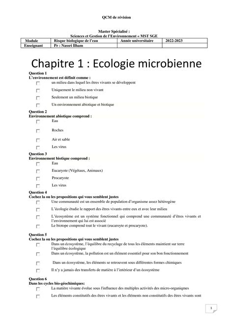 Solution Qcm Examen Risque Biologique De Leau Studypool