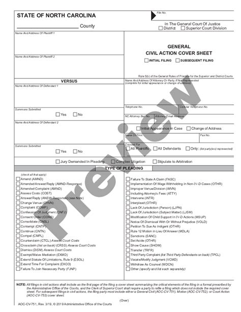 North Carolina Civil Action Cover Sheet Aoc Cv 751 Us Legal Forms