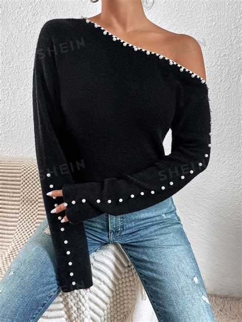 SHEIN Privé Pearls Beaded Asymmetrical Neck Sweater SHEIN USA