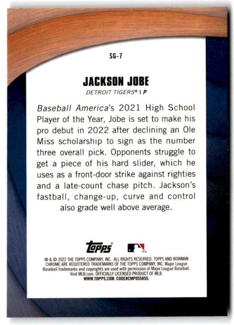 2022 Bowman Chrome Shades Of Greatness Holo SG 7 Jackson Jobe Detroit