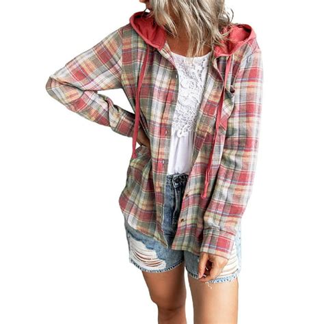 Dearlove Women S Plaid Hooded Button Down Shacket Jacket Casual Long Sleeve Cozy Blouses Shirts