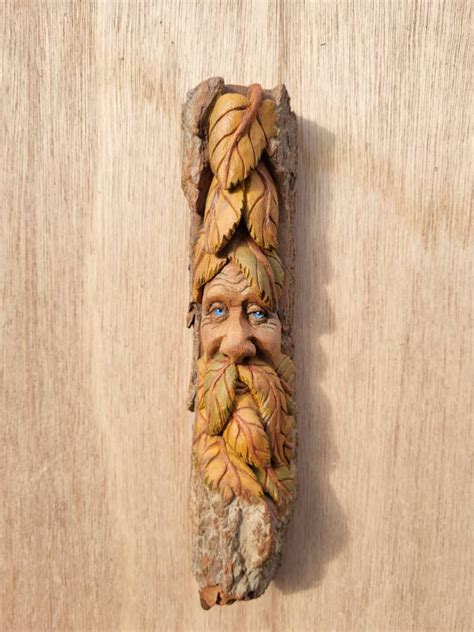 Green Man Woodcarving In Bark Etsy