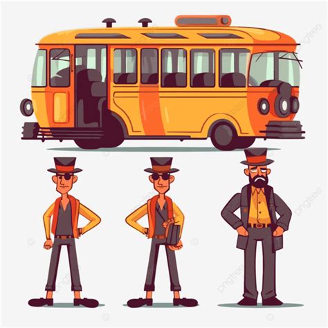 Coach Clipart Men With Hats On The Bus And Yellow Bus Illustracija ...