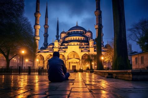 Premium Photo | Praying at the blue mosque at dusk