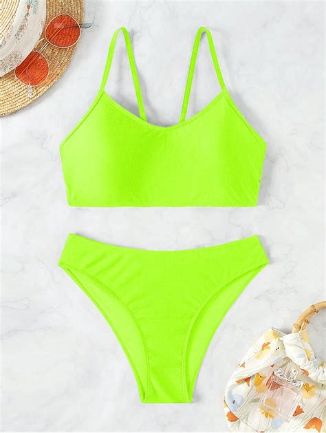 Shein Swim Conjunto De Bikini De Unicolor Para Vacaciones En La Playa