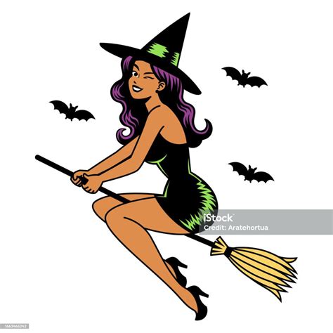 Vector Cartoon Cute Pin Up Witch Isolated Stock Illustration Download Image Now Witch Broom