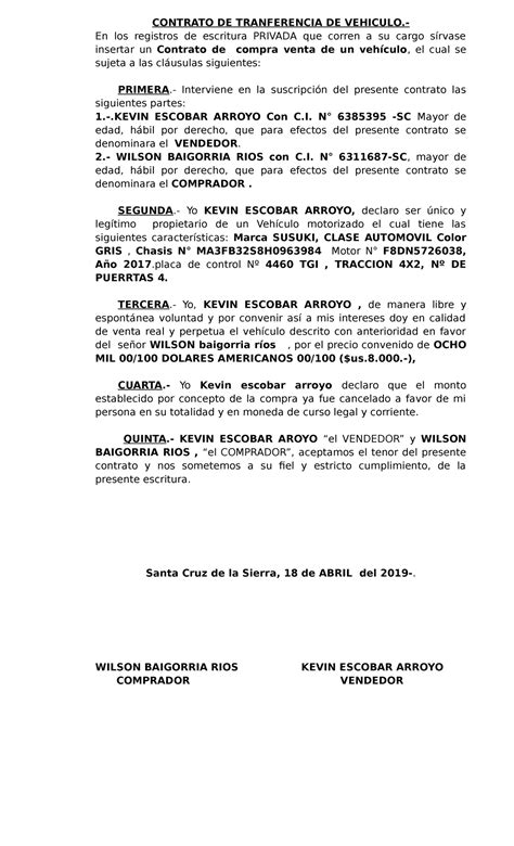 Tranferencia De Vehiculo CONTRATO DE TRANFERENCIA DE VEHICULO En