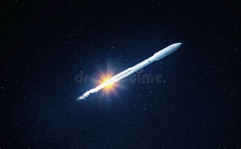 Flying Space Rocket In The Night Starry Sky. Space Exploration B Stock ...