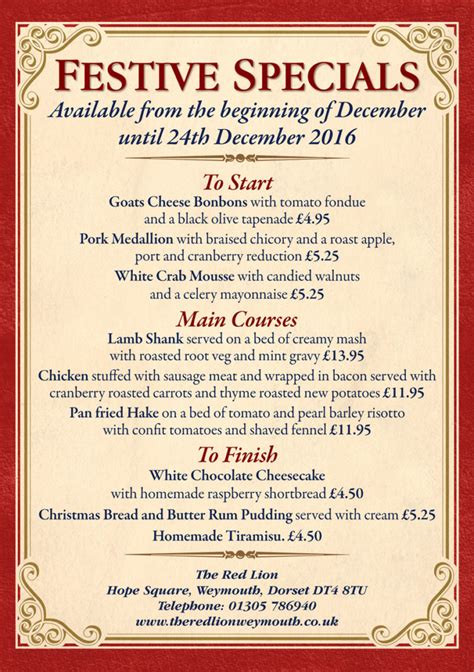 Festive Specials Menu | The Red Lion Weymouth