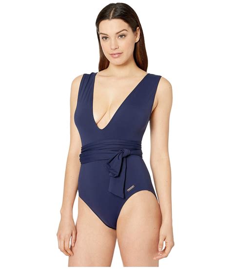 Vince Camuto Synthetic Belted Plunge V Neck One Piece With Removable