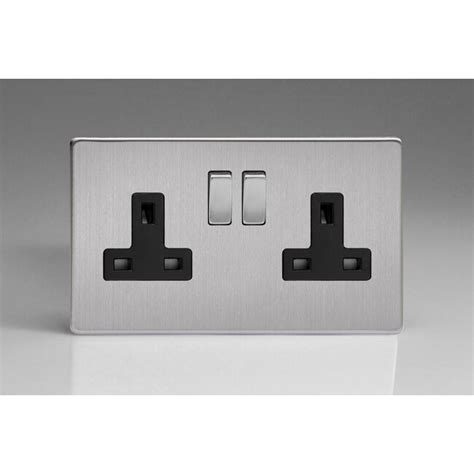 Varilight Screwless 2 Gang 13a Double Pole Switched Socket With Metal Rockers Black Brushed