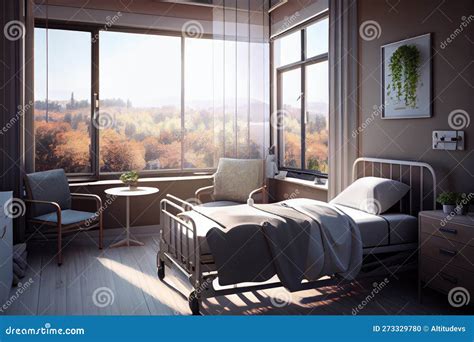 Hospital Room with Bed Surrounded by Windows, Providing Natural Light and a View of the Outside ...